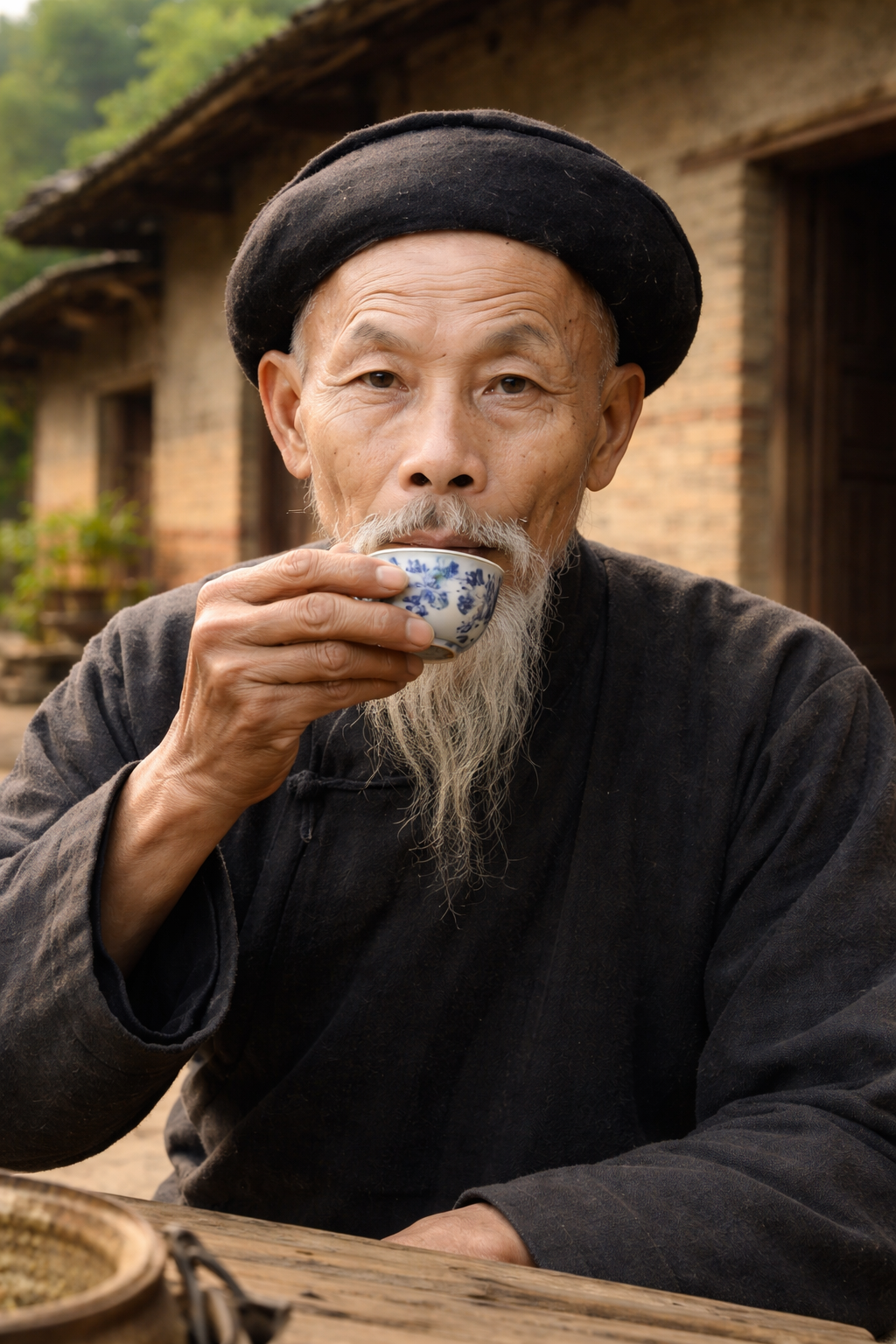 Great GrandPa Chan enjoying tea outdoors