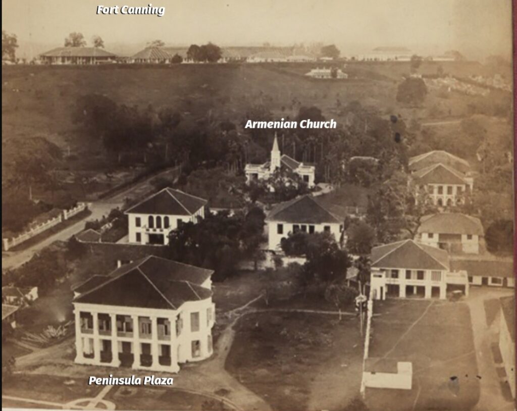 Before: Meyer Mansions (Peninsula Plaza) with Armenian Church in Background 1842