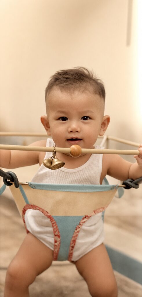 Woon Yew Thong playing with his old walker (1960)