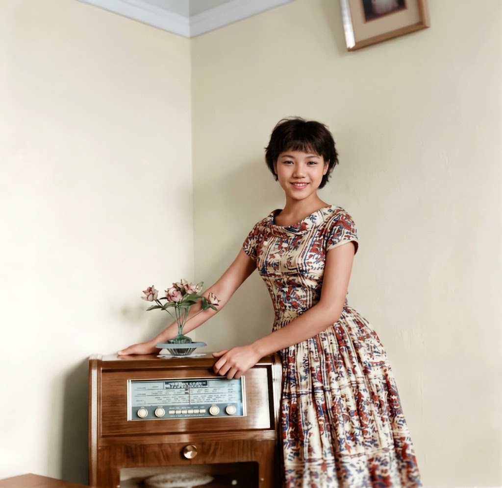 Chan Yee Keng at old Jurong home - Waiting Room - Our main Hi-Fi system (1958)