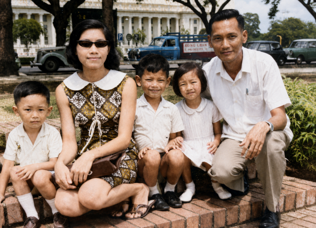 Woon Yew Meng, Chan Yee Keng, Woon Yew Thong, Woon Lai Fun and Woon Khai Boon at The Padang (1966)