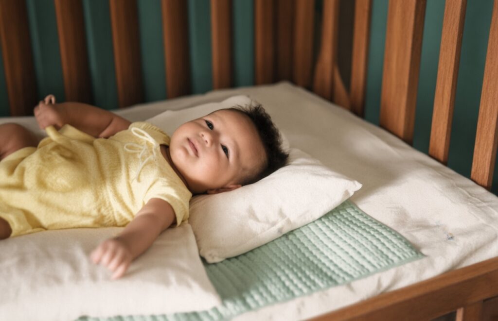 Woon Yew Thong on his wooden crib bed, playing with his noise maker (1960)