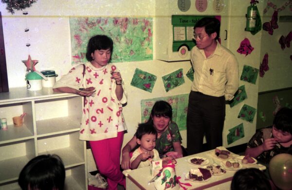 1990 Derrick at Kindergarten with Sally Fiona and Eng Sai